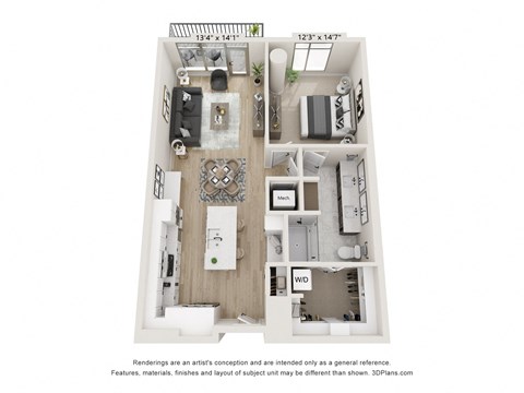 Floor plan for 1 bed, 1 bath, 894 sqft